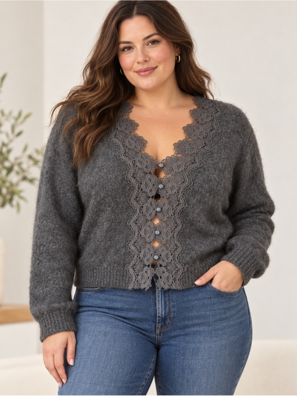 House of Harlow 1960 Charcoal Gray Lace-Trim V-Neck Cardigan Size-Large